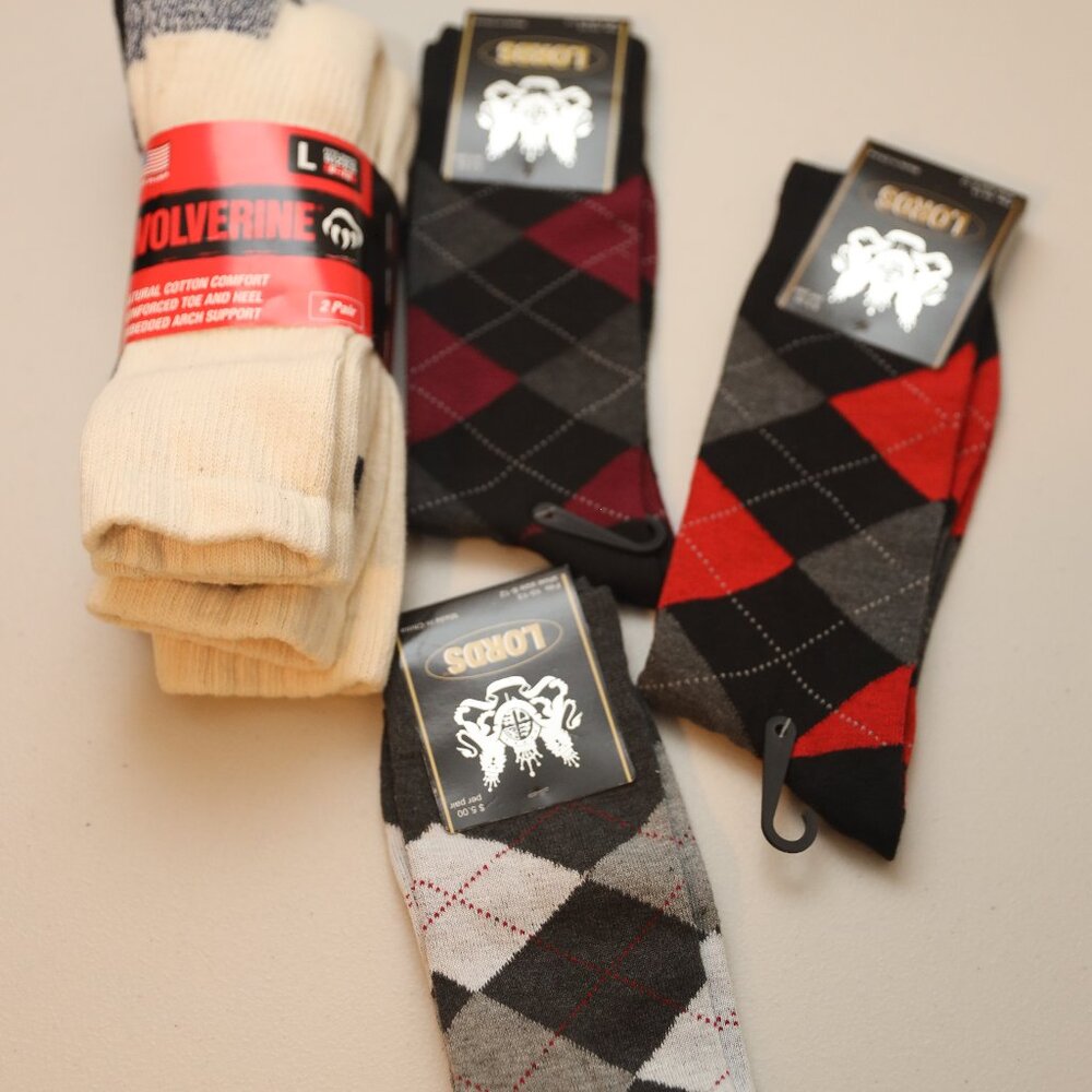 Lords Argyle Socks, Mens Size 6-12 and Wolverine 3-pack socks Size L